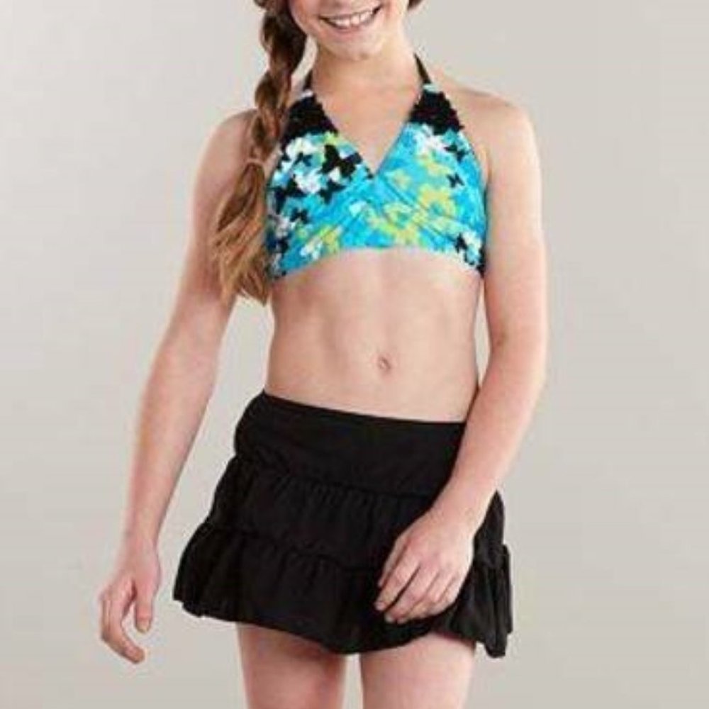 Girls Butterfly Swimsuit 16 Bikini & Skirt Coverup Black Blue 3 Pc Malibu